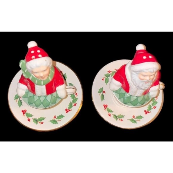 Lenox Santa Claus & Mrs Claus Salt Pepper Set Shakers Tea Cups Christmas Holly - Picture 2 of 7